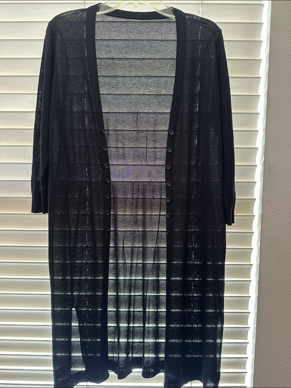 Black Semi Sheer Lightweight Long Open Front Cardigan with Faux Button Accent M